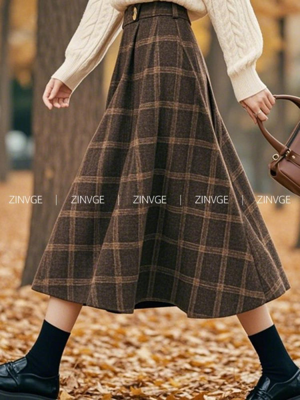 Smeđa karirana A-linija midi suknja za žene, korejski retro stil, jesen 2025, A7536