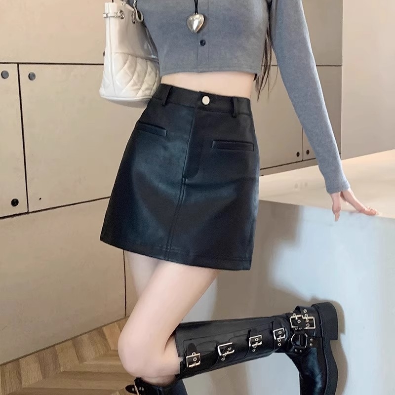 Smeđa PU kožna mini suknja za žene, visoki struk, korejski stil, jesen-zimska nova kolekcija, vitka silueta u A-liniji