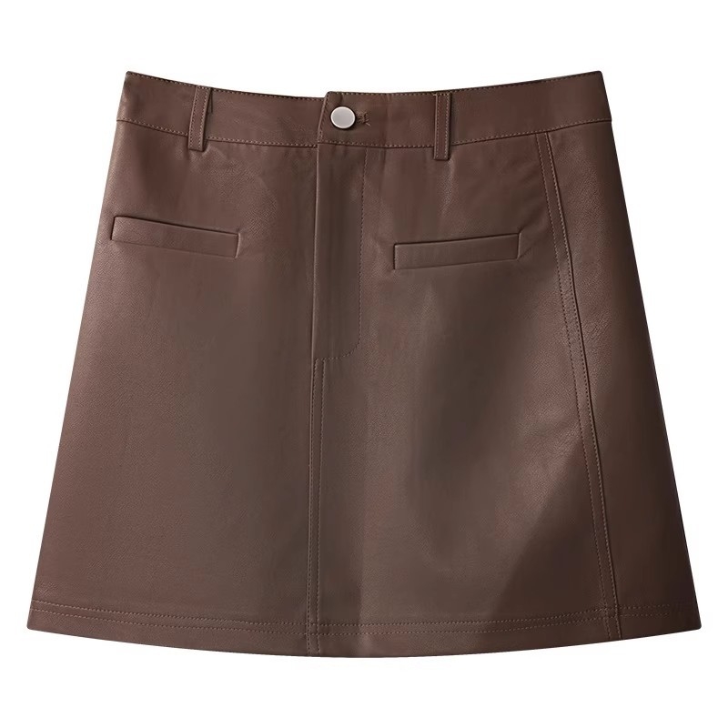 Smeđa PU kožna mini suknja za žene, visoki struk, korejski stil, jesen-zimska nova kolekcija, vitka silueta u A-liniji