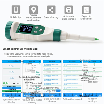 Портативен pH метр с цифров дисплей, игловиден датчик, диапазон pH 0–14, точност 0.01, компенсация на температурата 0–60°C