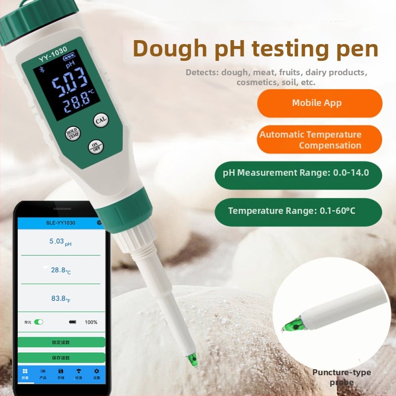 Портативен pH метр с цифров дисплей, игловиден датчик, диапазон pH 0–14, точност 0.01, компенсация на температурата 0–60°C