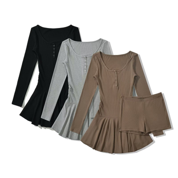 Dvodjelni set haljine od pamuka s U izrezom, dugi rukavi, kratka suknja, street stil