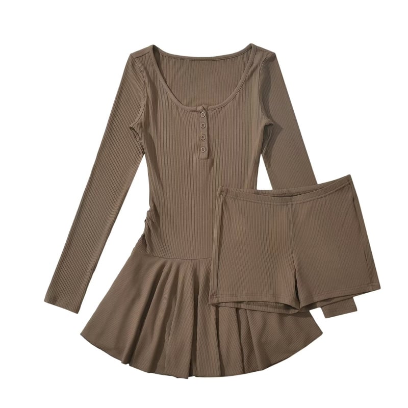 Dvodjelni set haljine od pamuka s U izrezom, dugi rukavi, kratka suknja, street stil