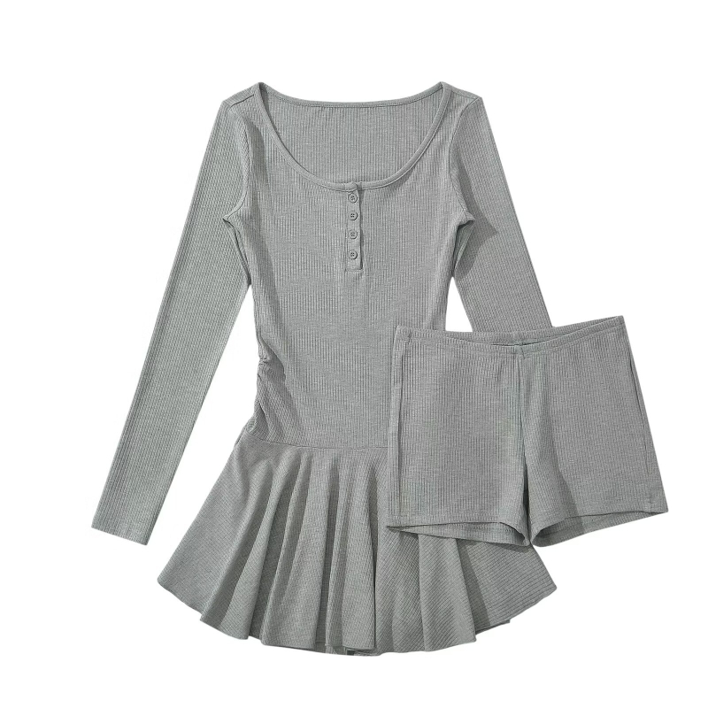 Dvodjelni set haljine od pamuka s U izrezom, dugi rukavi, kratka suknja, street stil