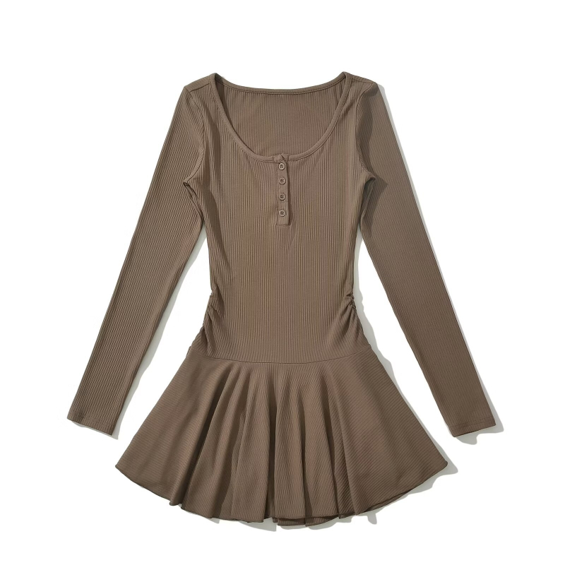 Dvodjelni set haljine od pamuka s U izrezom, dugi rukavi, kratka suknja, street stil