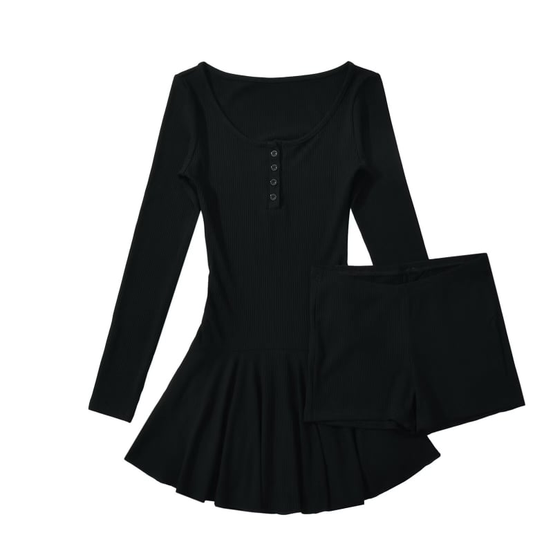 Dvodjelni set haljine od pamuka s U izrezom, dugi rukavi, kratka suknja, street stil