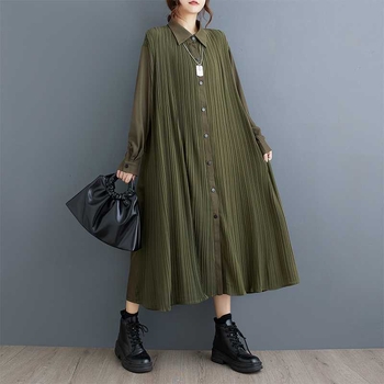 Košuljo-haljina s dvostrukim plisiranjem, dugi rukavi, visoki pojas, midi duljina, pamuk-lanena smjesa