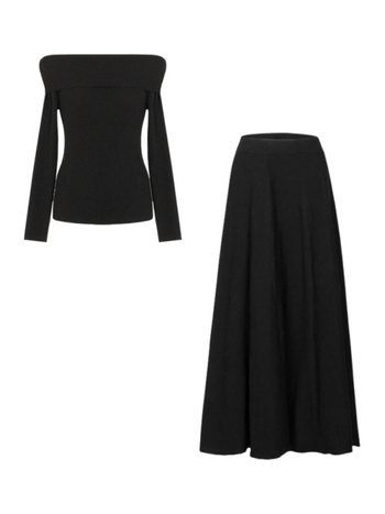Két részes kötött ruhaszett egy vállrészű dekoltázs, hosszú ujjú, midi hosszúságú, poliészter–viskoza