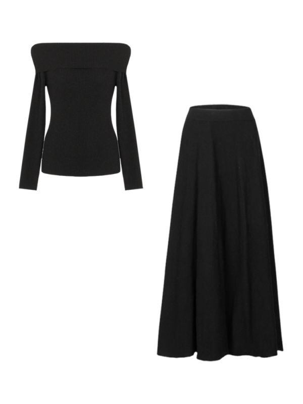 Két részes kötött ruhaszett egy vállrészű dekoltázs, hosszú ujjú, midi hosszúságú, poliészter–viskoza