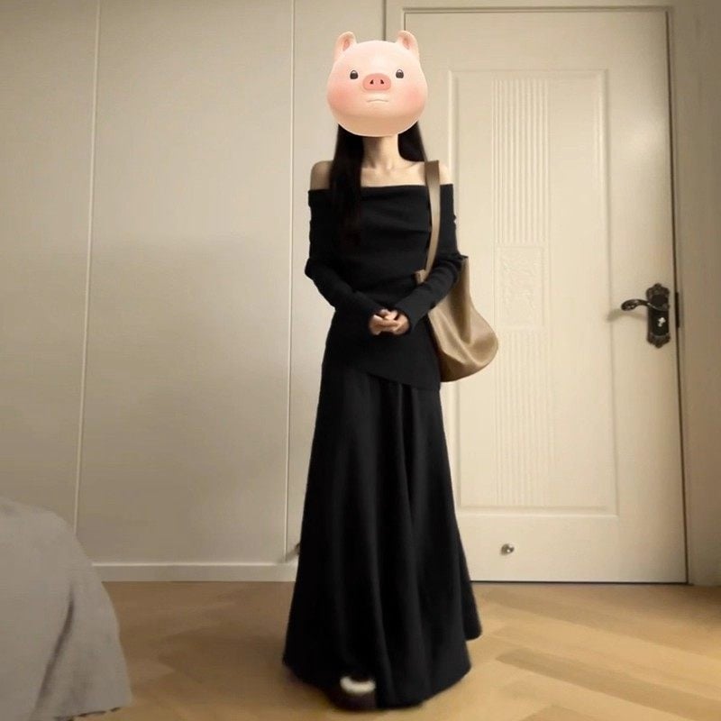 Két részes kötött ruhaszett egy vállrészű dekoltázs, hosszú ujjú, midi hosszúságú, poliészter–viskoza