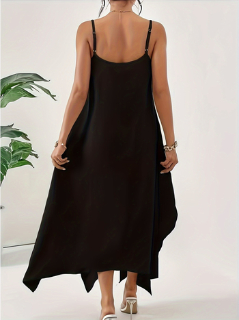 Milk silk anyagú ruha, egyszínű, pántos, hátrafelé nyíló, ujj nélküli, aszimmetrikus szegély, band felni, pull-over zárás, középméret hossz