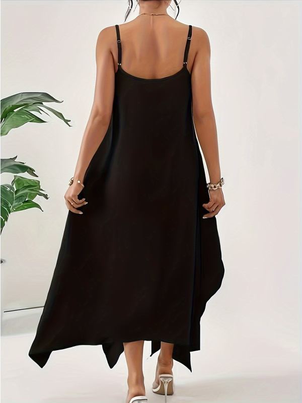 Milk silk anyagú ruha, egyszínű, pántos, hátrafelé nyíló, ujj nélküli, aszimmetrikus szegély, band felni, pull-over zárás, középméret hossz