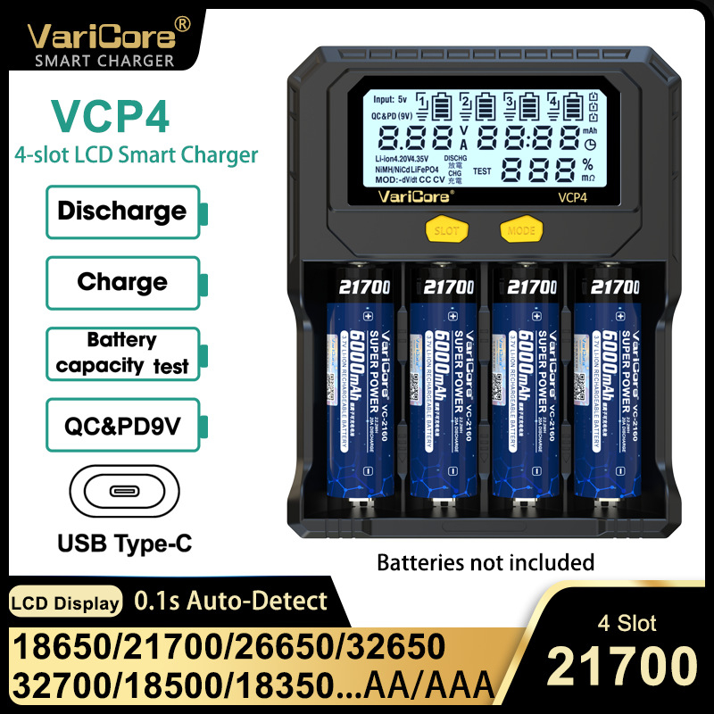 Varicore Inteligentni punjač za litijske baterije s testerom kapaciteta za 18650, 21700, 26650, AA, AAA