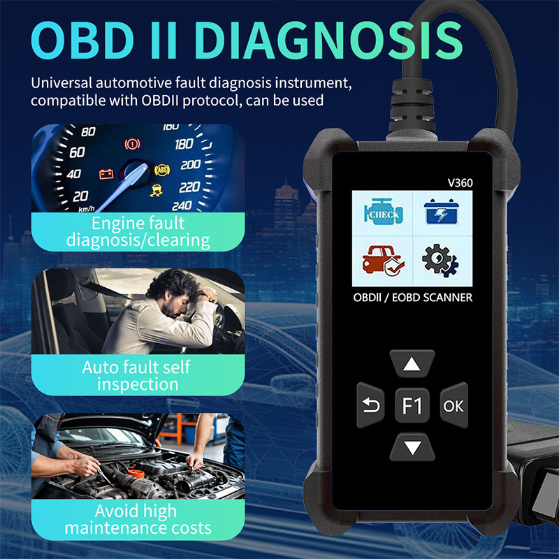 Инструмент за диагностика на автомобилни дефекти, модел V360, 9–16V, −30 до 70°C, обща съвместимост