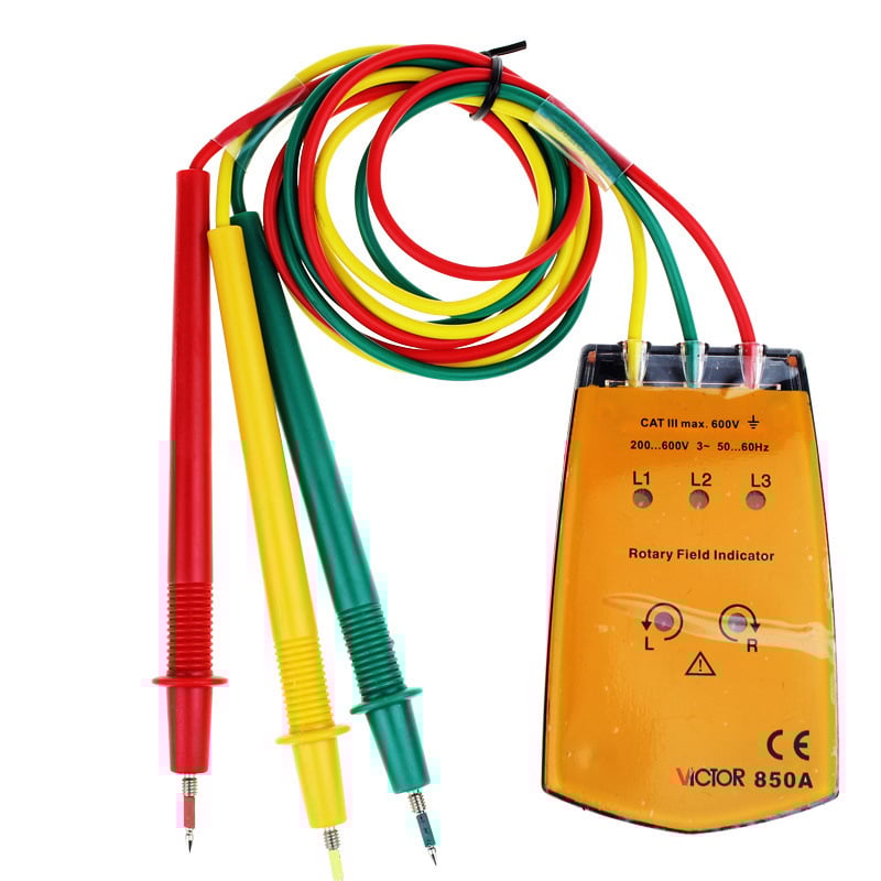 Трифазен AC фазомер и тестер за фазова последователност VC850A/B/C/D, обхват на измерване 220–600 V, предназначен за тест на фазовата последователност на мотора.