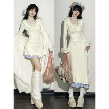 Japán stílusú édes rövid ruha, derékban karcsúsító fazon, hamis kétrészes dizájn, V-nyakú kivágás, szőrme patchwork, őszi-téli