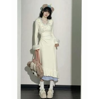 Japán stílusú édes rövid ruha, derékban karcsúsító fazon, hamis kétrészes dizájn, V-nyakú kivágás, szőrme patchwork, őszi-téli