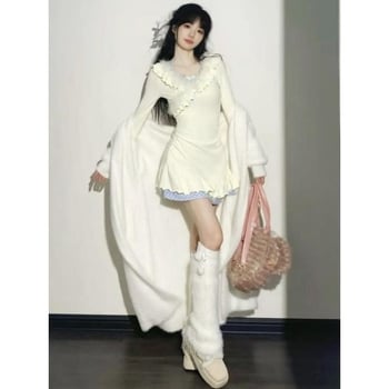 Japán stílusú édes rövid ruha, derékban karcsúsító fazon, hamis kétrészes dizájn, V-nyakú kivágás, szőrme patchwork, őszi-téli