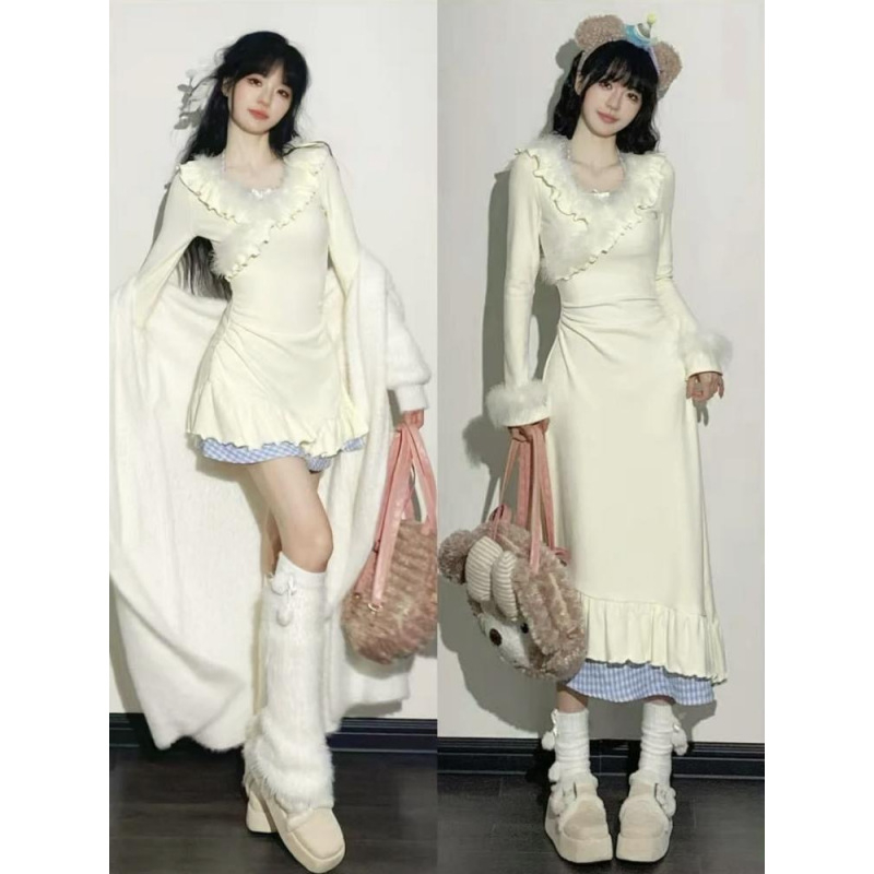 Japán stílusú édes rövid ruha, derékban karcsúsító fazon, hamis kétrészes dizájn, V-nyakú kivágás, szőrme patchwork, őszi-téli