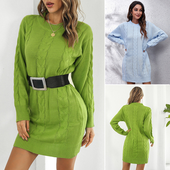 Női akril szálból készült kötött ruha – kerek nyakú, hosszú ujjú, laza szabásvonalú, egy darabból