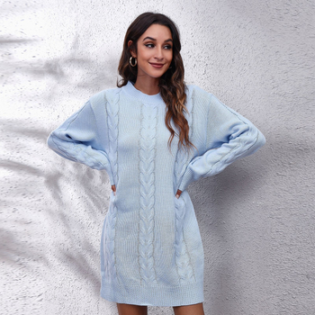 Női akril szálból készült kötött ruha – kerek nyakú, hosszú ujjú, laza szabásvonalú, egy darabból
