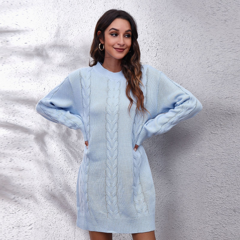 Női akril szálból készült kötött ruha – kerek nyakú, hosszú ujjú, laza szabásvonalú, egy darabból