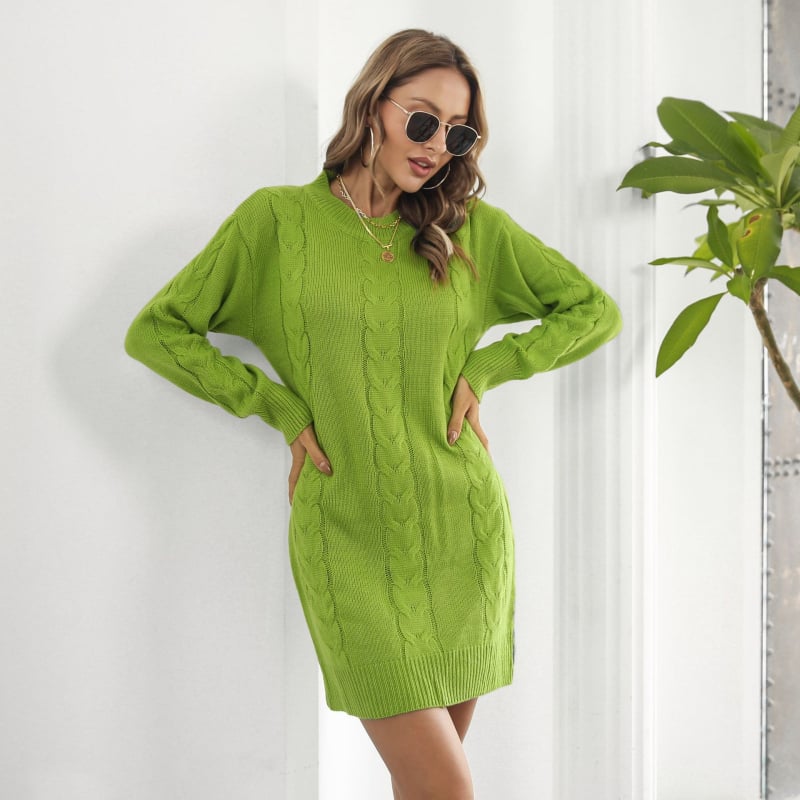 Női akril szálból készült kötött ruha – kerek nyakú, hosszú ujjú, laza szabásvonalú, egy darabból