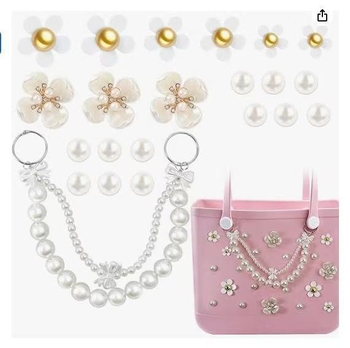 Accesorii pentru geantă cu element detașabil, detalii DIY cu perle și cataramă cu floare în patru foi — model 009; stil: accesorii pentru geantă; sezoane: primăvară, vară, toamnă, iarnă