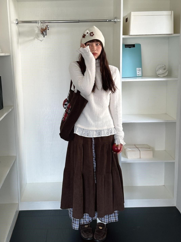 Japanski retro stil suknja od korduroja s visokim strukom, smeđa, jesen-zima, dvostruko slojevita