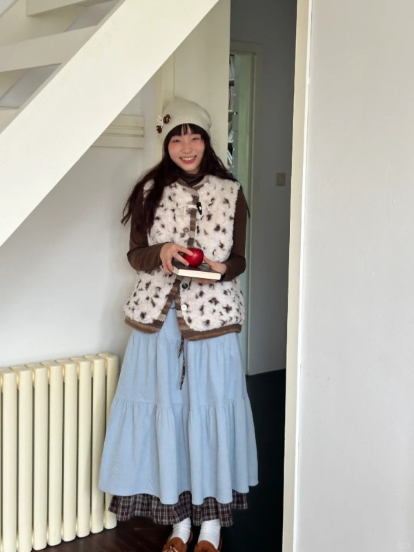 Japanski retro stil suknja od korduroja s visokim strukom, smeđa, jesen-zima, dvostruko slojevita