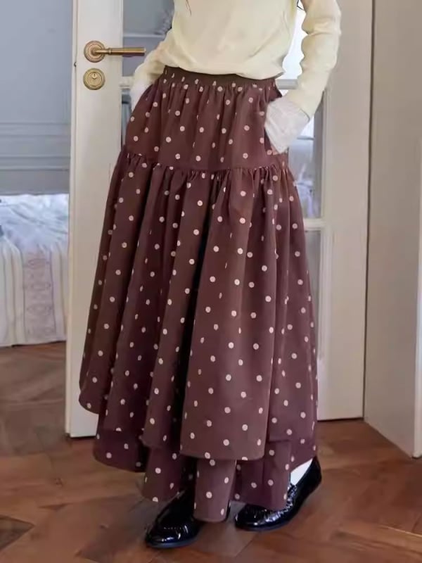 Cake suknja s baršunastom teksturom i točkicama, visokim strukom, uski kroj, francuski stil, midi duljina, elastična, veće veličine
