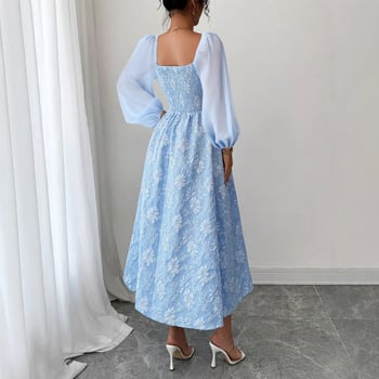 A‑vonalú ruha négyszögletes dekoltázzsal, hosszú ujjú, hosszú fazon, nyomtatott poliészter kötött anyagból