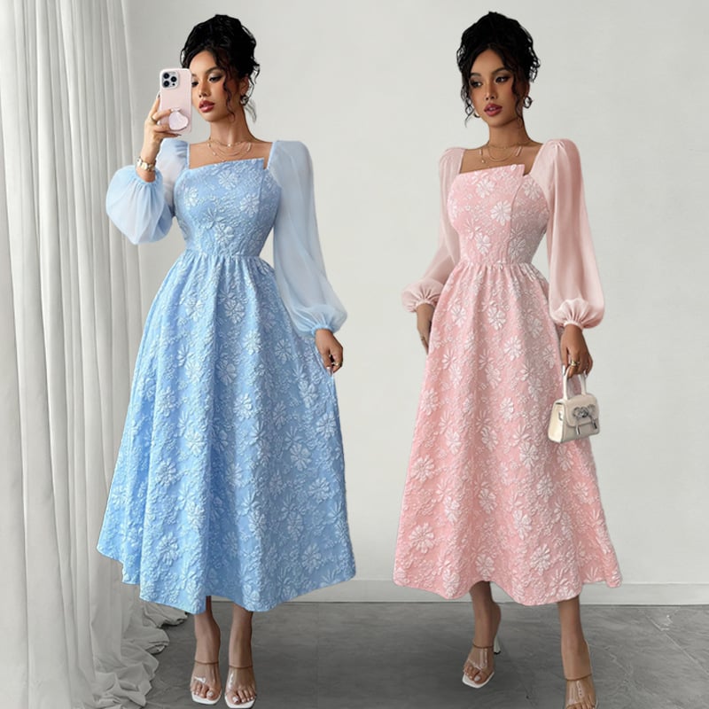 A‑vonalú ruha négyszögletes dekoltázzsal, hosszú ujjú, hosszú fazon, nyomtatott poliészter kötött anyagból