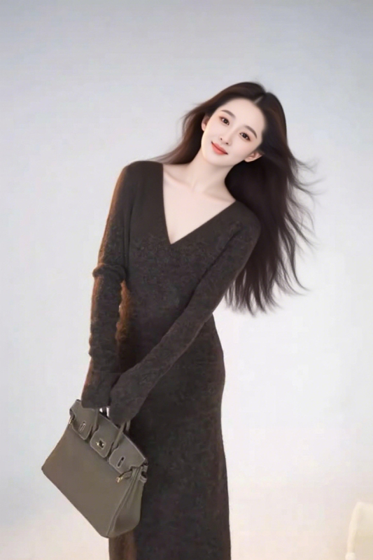 V-nyakú kötött ruha, pulóver fazon, hosszú hercegnő ujjak, elasztikus derék, középmagas hosszúságú A-vonalú szabás