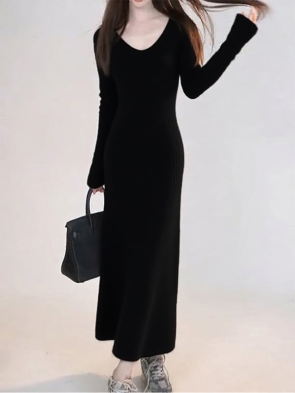 V-nyakú kötött ruha, pulóver fazon, hosszú hercegnő ujjak, elasztikus derék, középmagas hosszúságú A-vonalú szabás