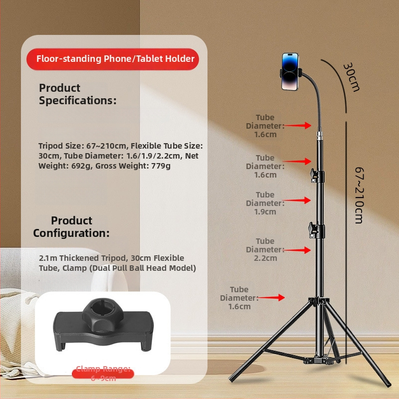Podlahový stojan s klipom na telefón/tablet, voľne nastaviteľný, ABS+kovová konštrukcia, nosnosť až 2 kg