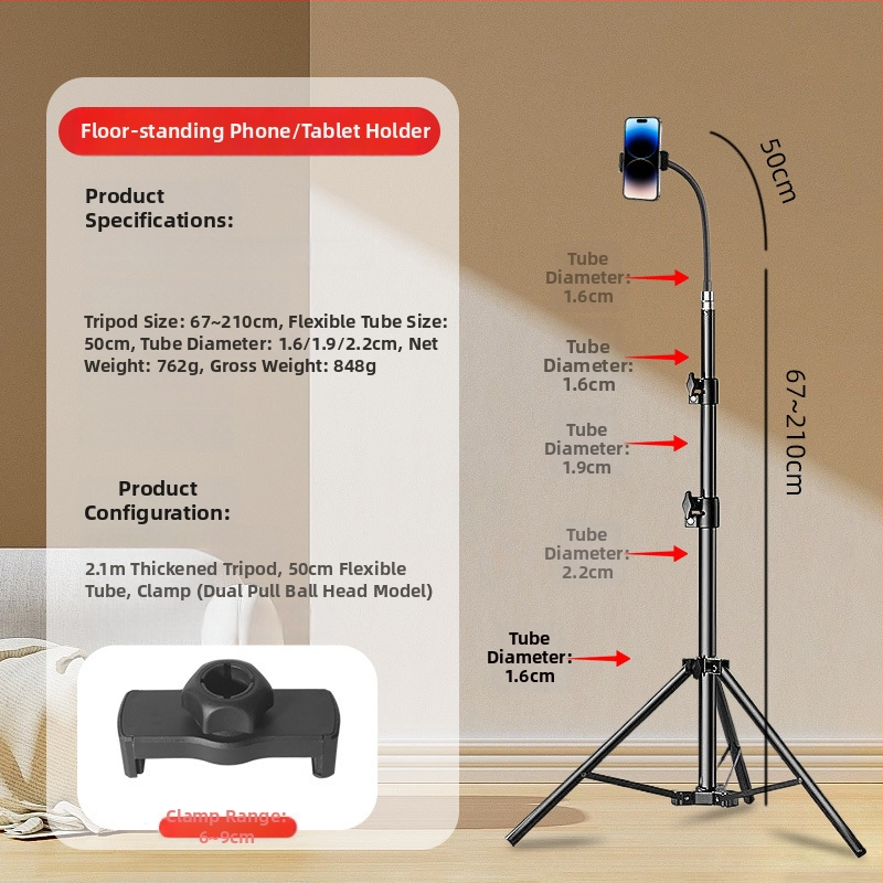 Podlahový stojan s klipom na telefón/tablet, voľne nastaviteľný, ABS+kovová konštrukcia, nosnosť až 2 kg