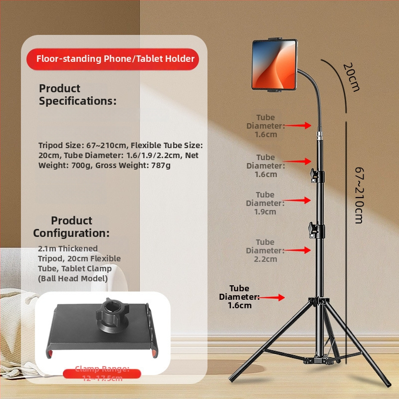Podlahový stojan s klipom na telefón/tablet, voľne nastaviteľný, ABS+kovová konštrukcia, nosnosť až 2 kg