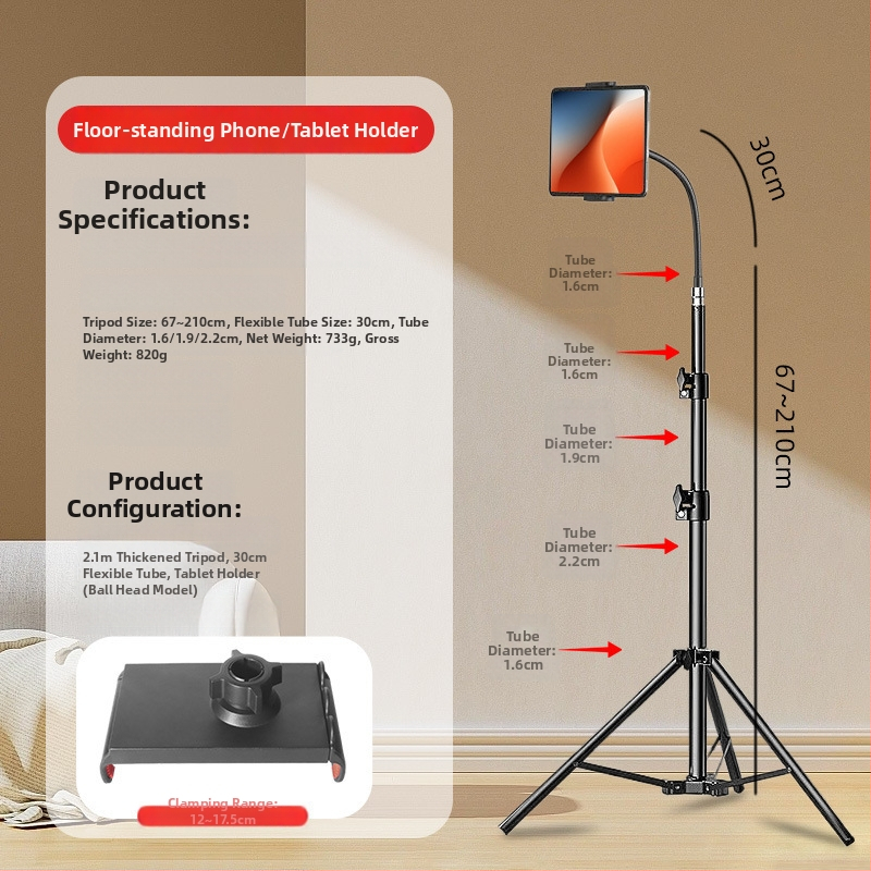 Podlahový stojan s klipom na telefón/tablet, voľne nastaviteľný, ABS+kovová konštrukcia, nosnosť až 2 kg