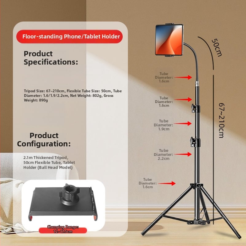 Podlahový stojan s klipom na telefón/tablet, voľne nastaviteľný, ABS+kovová konštrukcia, nosnosť až 2 kg