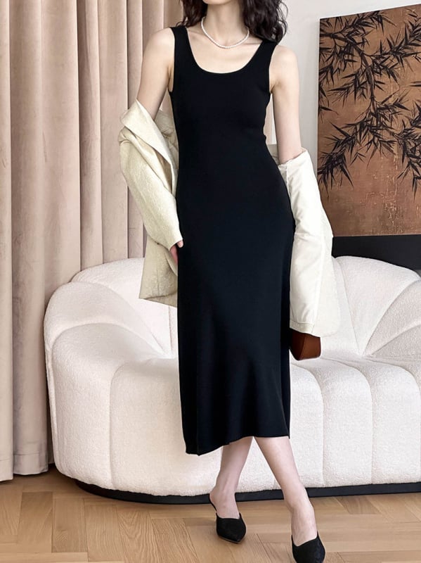 Női U-nyakú, ujjatlan kötött ruha, koreai stílus, karcsú szabás, A-vonalú maxi ruha, tavasz 2024