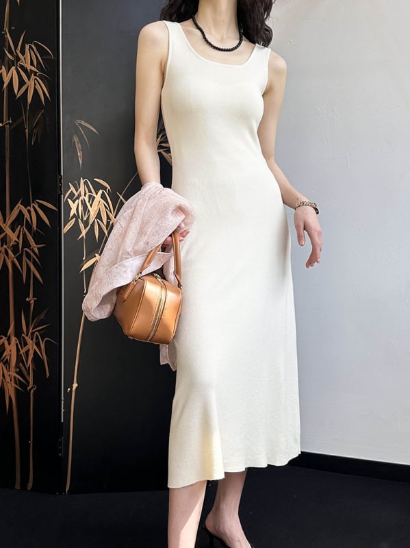 Női U-nyakú, ujjatlan kötött ruha, koreai stílus, karcsú szabás, A-vonalú maxi ruha, tavasz 2024