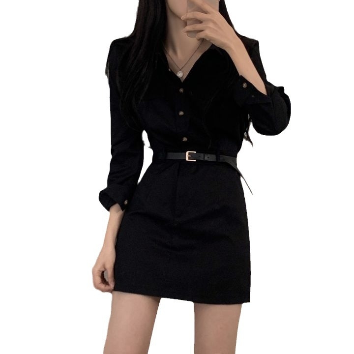 Haljina u korejskom stilu s dugim rukavima, rever na ovratniku, visokim strukom i A‑linijskim krojem, pamuk‑polieterska smjesa