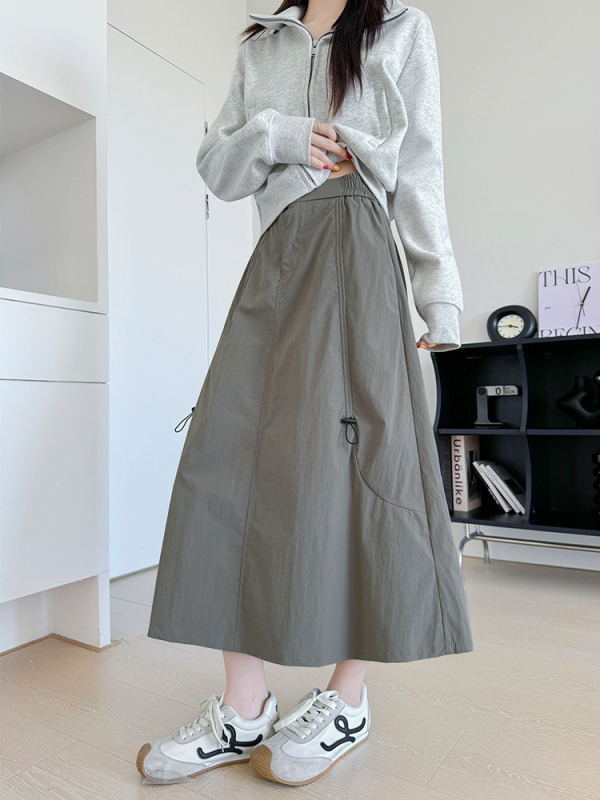 Overalls suknja, visokim strukom, pokriva bokove, srednja duljina, poliester-elastanska tkanina, casual japansko-korejski stil