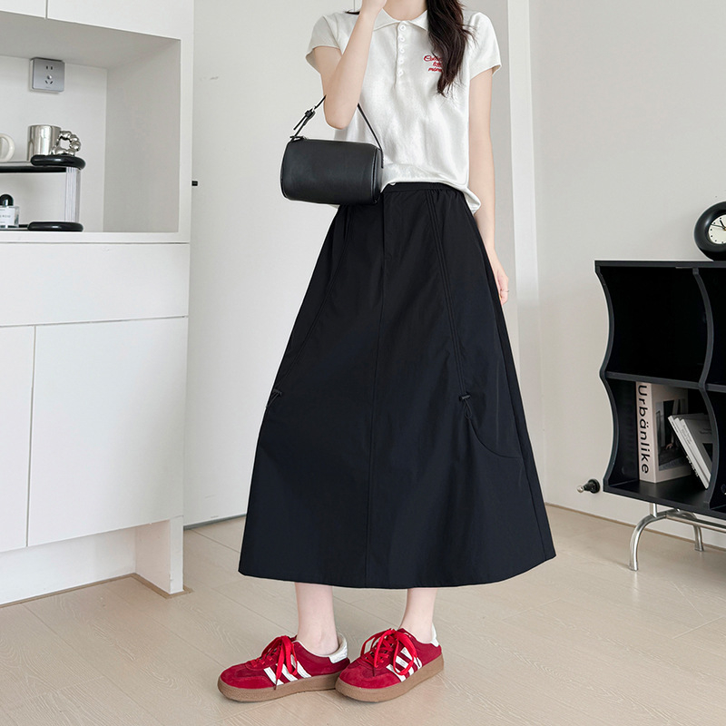 Overalls suknja, visokim strukom, pokriva bokove, srednja duljina, poliester-elastanska tkanina, casual japansko-korejski stil