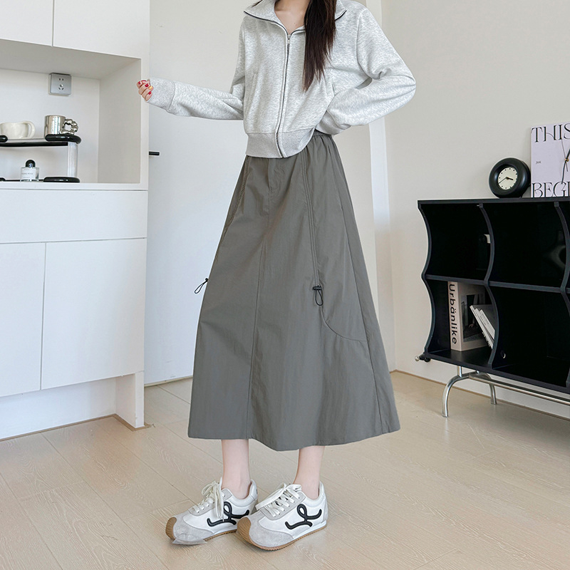Overalls suknja, visokim strukom, pokriva bokove, srednja duljina, poliester-elastanska tkanina, casual japansko-korejski stil
