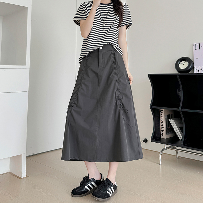Overalls suknja, visokim strukom, pokriva bokove, srednja duljina, poliester-elastanska tkanina, casual japansko-korejski stil