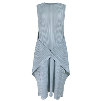 Hosszú ujjatlan ruha kerek nyakkal, poliészter anyag, egyszínű, középső derék