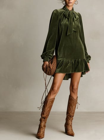 Egyszínű bársonyruha lámpásujjúval, nyakba kötő masnival, esernyőszoknyás, midi hosszúságú