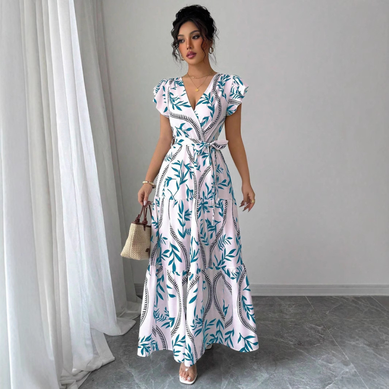 Haljina A-linije s cvjetnom mašnom, plažni rub, 3D otisak, kratki volan rukavi